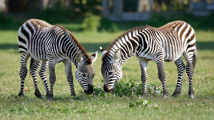 Obraz premium Three zebras grazing together in natural grassland habitat. Perfect for wildlife conservation and safari tourism content.
