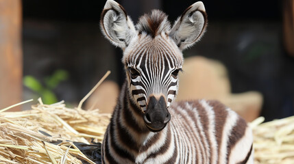 Young zebra close-up portrait with distinctive stripes. Ideal for wildlife photography and animal behavior studies.