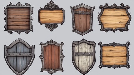 Naklejka premium Wooden plates with metal frames for game ui design. Wood signs, panels and planks different shapes with medieval iron borders, vector cartoon set isolated on background