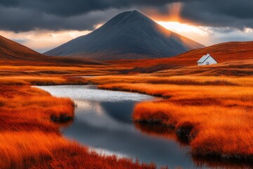 A towering mountain range viewed from a valley, with sunlight breaking through clouds, symbolizing greatness in scale and nature