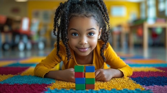 Caring Childcare Worker Helping Toddler Stack Blocks on Colorful Rug