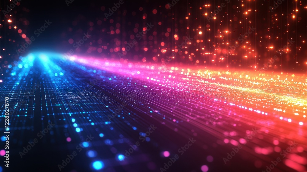 Poster a vibrant digital landscape with colorful light patterns and particles.