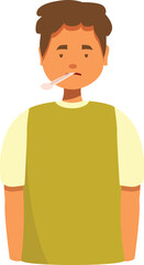 Sick boy using a thermometer, measuring body temperature, feeling unwell, suffering from fever or flu, healthcare and medicine concept