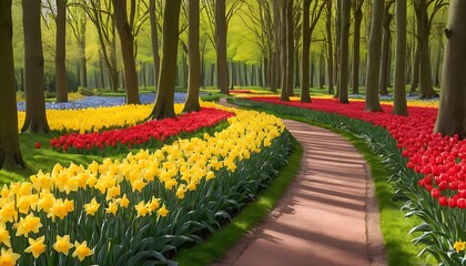 Obraz premium Winding path through a vibrant spring garden, lined with blooming yellow daffodils and red tulips