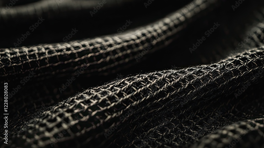 Poster close-up of tightly woven black fabric showcasing intricate thread patterns and soft shadows for a r