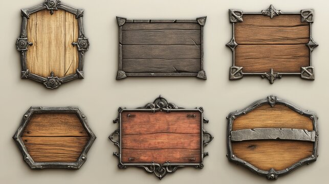 Wooden plates with metal frames for game ui design. Wood signs, panels and planks different shapes with medieval iron borders, vector cartoon set isolated on background