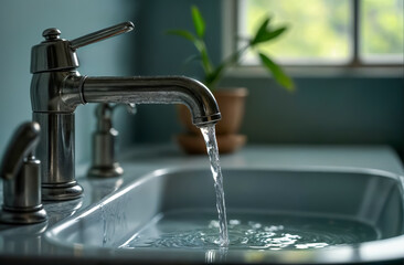 Water flows from a shiny faucet into a clean sink in a bright and spacious bathroom with a plant in the background