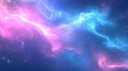 Abstract background with flowing neon waves in shades of blue, pink, and purple, glowing softly in a cosmic mist 