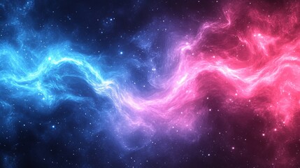 Abstract background with flowing neon waves in shades of blue, pink, and purple, glowing softly in a cosmic mist 