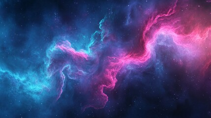 Abstract background with flowing neon waves in shades of blue, pink, and purple, glowing softly in a cosmic mist 