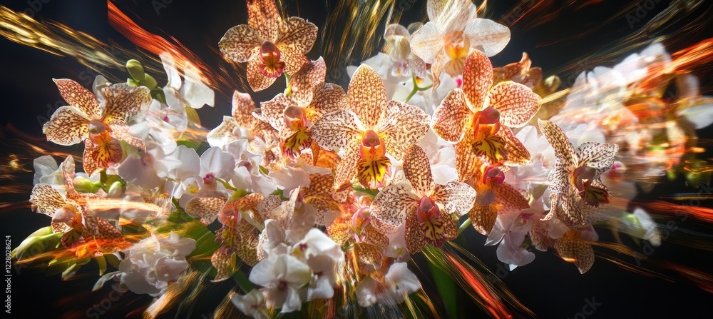 Poster stunning orchids exploding with light and color on black background