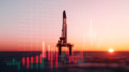 Silhouette of Modern Drilling Rig at Sunset Dynamic Desert Oil Visuals with Chart Overlays - Energy Market Insight and Analytics for Business Strategy Development