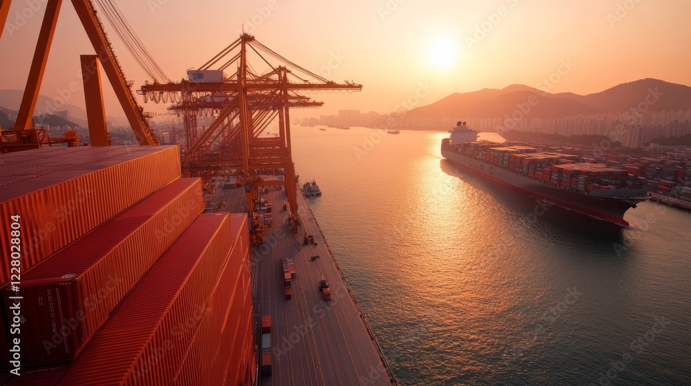 Poster Dynamic Sunrise Port South Korean Container Hub with Robust Shipping Cranes and Cargo - Modern Logistics and Efficient Global Trade Operations