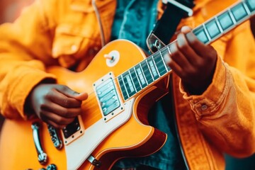 Obraz premium A young musician holding a guitar awkwardly during their first lesson, struggling to place their fingers correctly on the strings