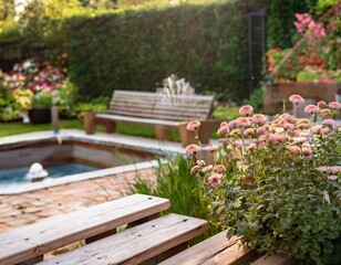 A cozy backyard garden with a wooden bench, blooming flowers, and a small fountain, creating a peaceful outdoor retreat.