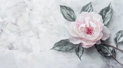 A Watercolor Painting Of A Delicate Pink Peony Flower On A Marble Background. The Soft Colors And Textures Create A Serene And Romantic Atmosphere.