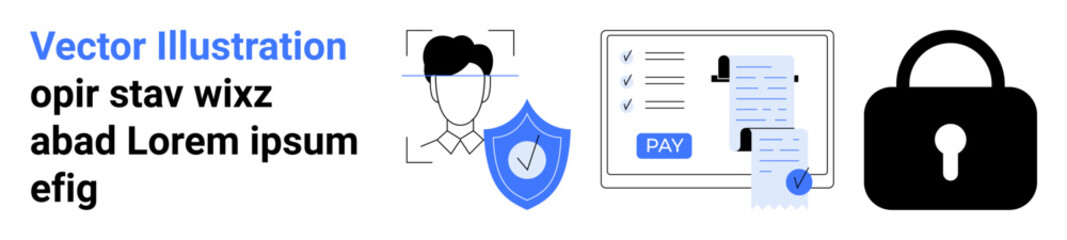 Face scan with shield, online payment form, lock icon signifying security. Ideal for cybersecurity, online payments, identity protection, privacy, data security, authentication abstract line flat