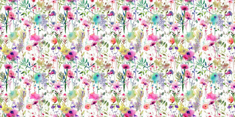 Beautiful colorful wildflowers seamless pattern. Dirty watercolor romantic background, hand drawn paint