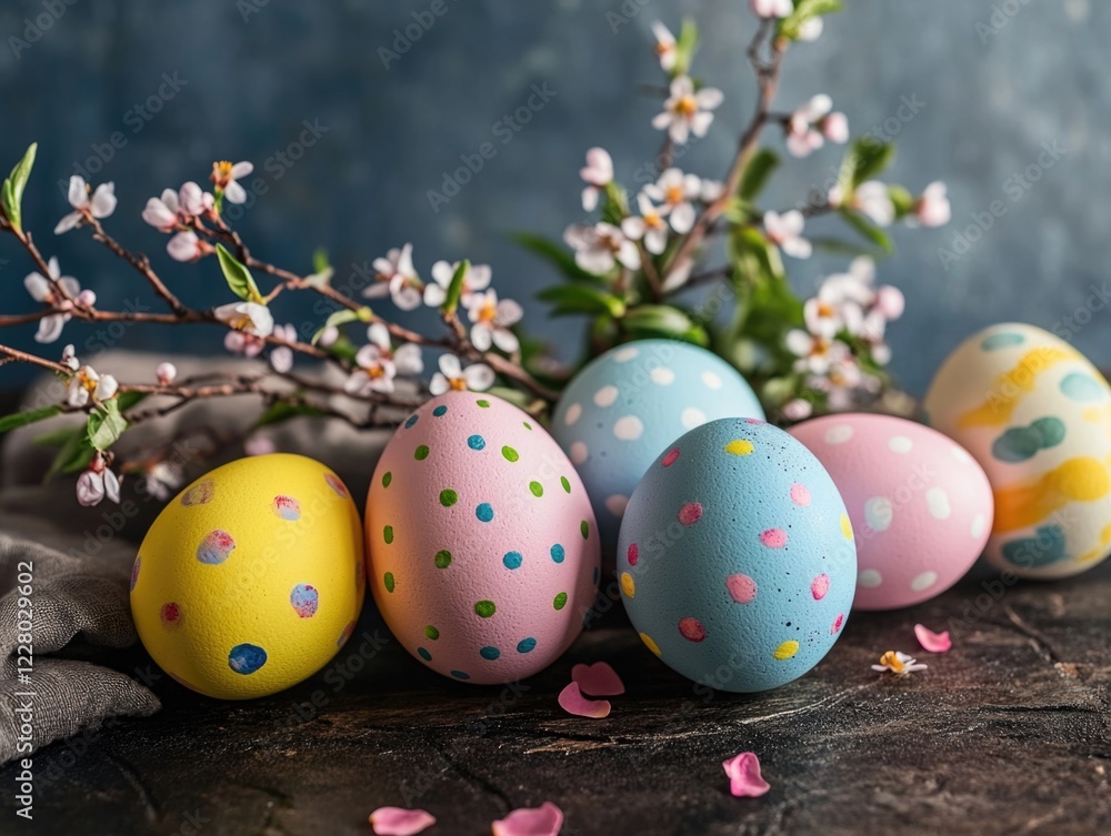 Poster a group of painted eggs are arranged on a table with a floral backdrop. the eggs are of various colo