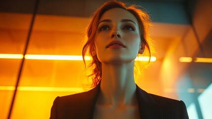 High-Tech Business Innovation Young Womans Visionary Investor Pitch in Futuristic Conference Room - Empowering Modern Entrepreneurship and Strategic Growth Initiatives