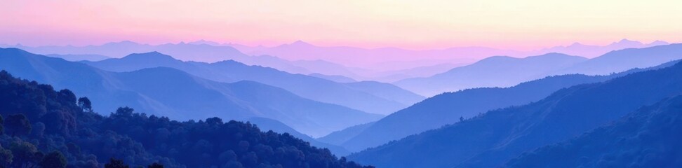 Fototapeta premium Gradient swirls blend with misty hills, blue and purple hues softening the terrain, natural landscape, soothing colors