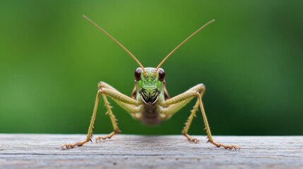 Fototapeta premium Close-up of a vibrant green grasshopper perched on weathered wood, against a blurred green background.