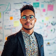 Creative marketing professional, a young man with stylish glasses, wearing a patterned shirt under a casual blazer, standing against a whiteboard with brainstorming notes, energetic and dynamic vibe 