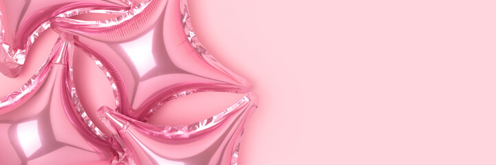 Foil star balloons on a pink background. Banner with monochrome concept.