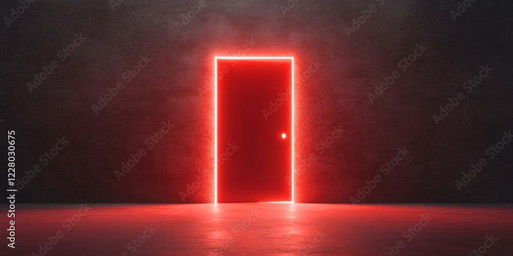 Poster Futuristic Tech Portal Neon-Illuminated Red Door on Textured Concrete - Innovative Software Security and Encrypted Development for Digital Transformation