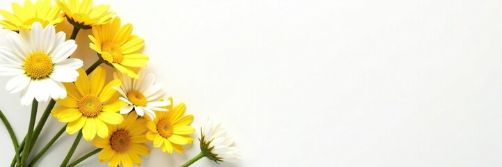 Daisies in a corner arrangement with yellow and white flowers on a white background, blooms, flowers, petals