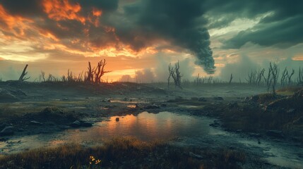Fototapeta premium A Post-Apocalyptic Sunset Scene Shows A Desolate Landscape With A Dark, Smoky Sky, A Murky Stream, And Dead Trees. The Overall Vibe Is Melancholic And Eerie.