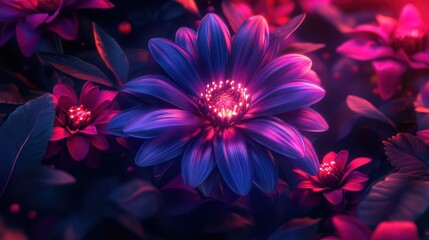 Glowing purple flowers, night garden, fantasy scene, website background