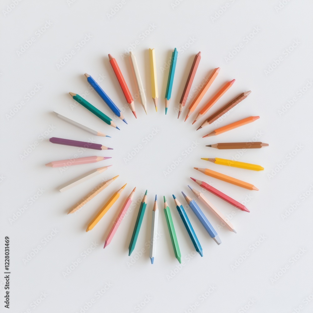 Poster contemporary stationery art circular array of multicolored pencils on white - visual creativity for 