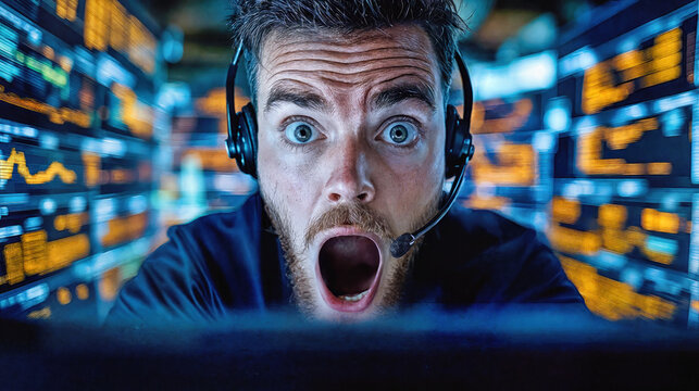 Shocked trader with headset screaming at financial market data screens. Portrait of stressed businessman reacting to exchange crisis with panic expression