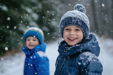 Joyful Kids Skiing in Snowy Landscape Together