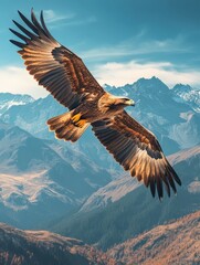 Fototapeta premium Majestic eagle soars over breathtaking mountain range