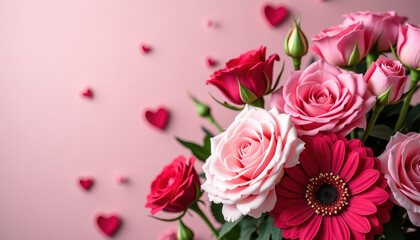 Fototapeta premium Artistic arrangement of flowers with scattered hearts and petals, symbolizing love and joy for International Women's Day and Valentine's Day.