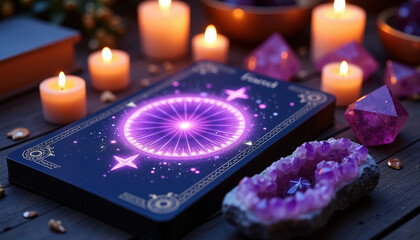 Magical esoteric tarot card illuminated by soft candlelight and surrounded by crystals, creating a mystical atmosphere for a profound tarot reading.