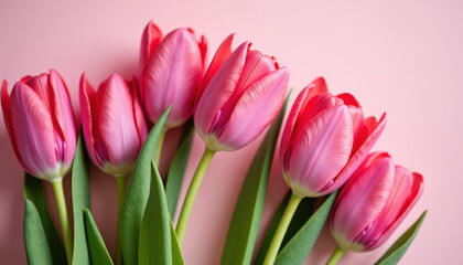 Fototapeta premium Bunch of fresh pink tulips arranged together, ideal for gifting on International Women's Day or Valentine's Day, enhancing the festive atmosphere.