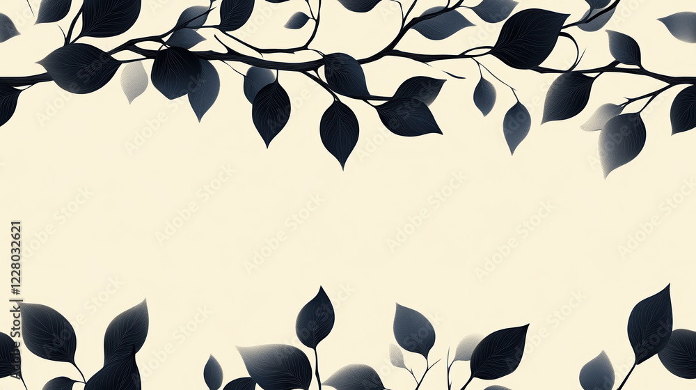Poster seamless pattern of black silhouetted branches with delicate leaves, creating a whimsical and artist