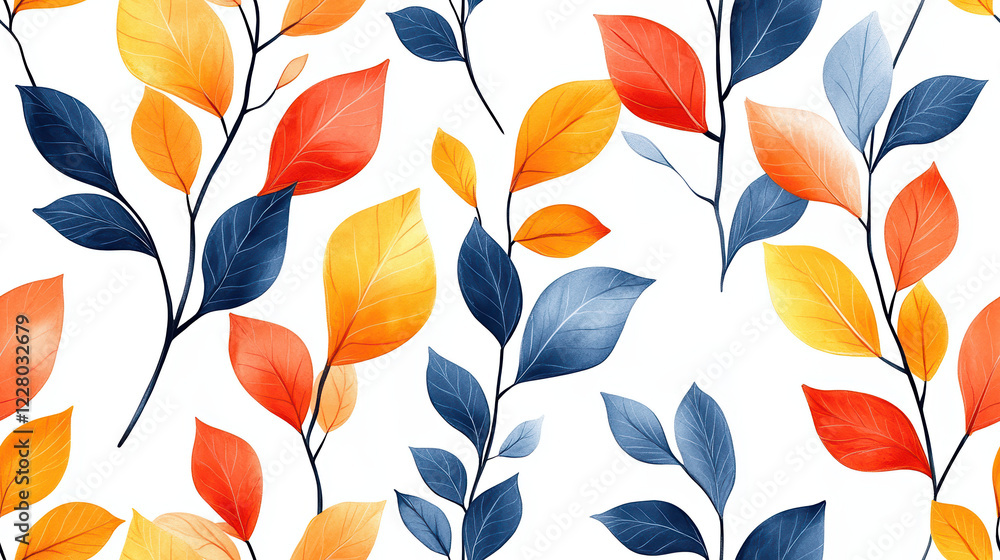 Poster seamless pattern featuring a playful arrangement of red and orange leaves contrasted against a blue 