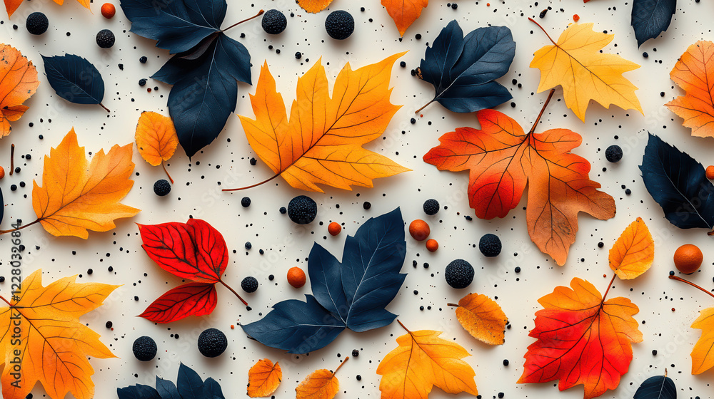 Poster seamless pattern featuring a unique arrangement of colorful autumn leaves scattered against a light 