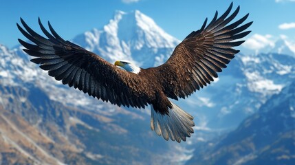 Naklejka premium Majestic eagle soaring above snow-capped mountains