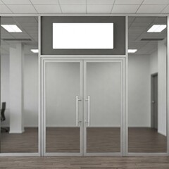 Office entrance with sign mockup and glass door with metal handles
