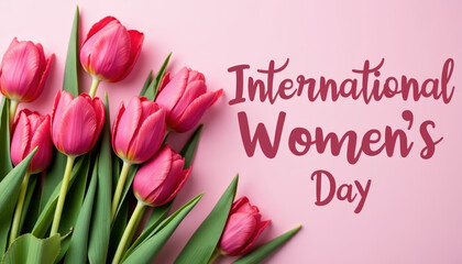 Fototapeta premium International Women's Day card decorated with beautiful pink tulips, expressing love and appreciation for women with a charming design and heartfelt message.