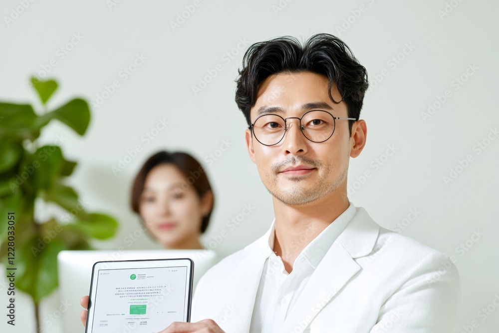 Poster minimalist office cybersecurity young south korean professional with tablet alert and privacy shield