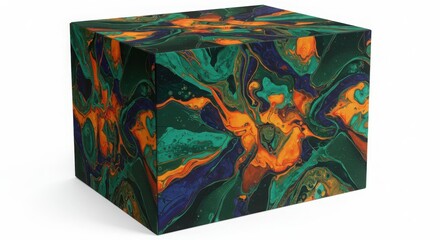 Abstract Marbled Cube with Green, Orange, and Blue Swirl Pattern