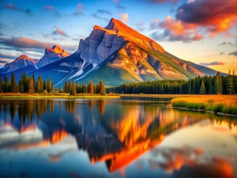 Miniature Mount Rundle reflected in Vermillion Lakes, Banff National Park - Tilt-Shift Photography
