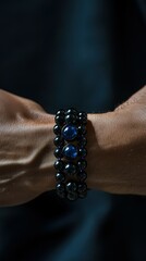 Black and blue gemstone bracelet worn on wrist