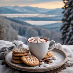 Hot chocolate with cookies and marshmallows over looking a winter scene